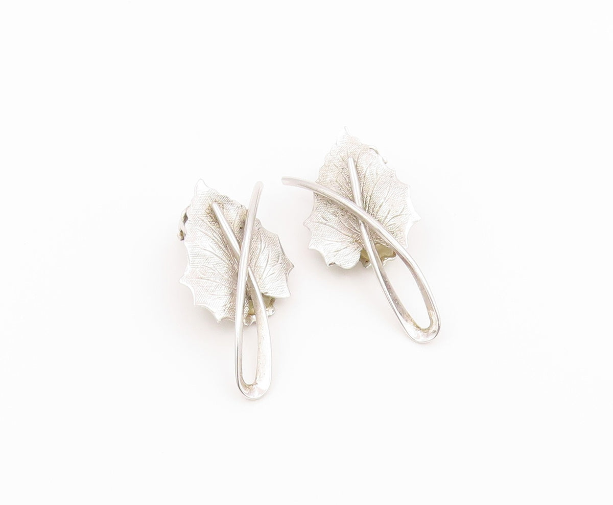 925 Sterling Silver Vintage Earrings Modernist Textured Leaf Clip On  EG14475