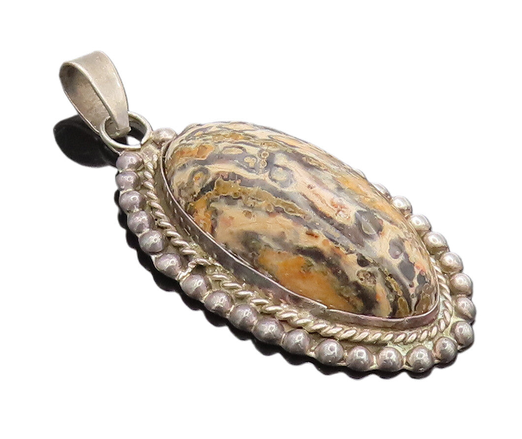 925 Sterling Silver Vintage Pendant MEXICO Oval Jasper Halo Beaded Roped PT22433