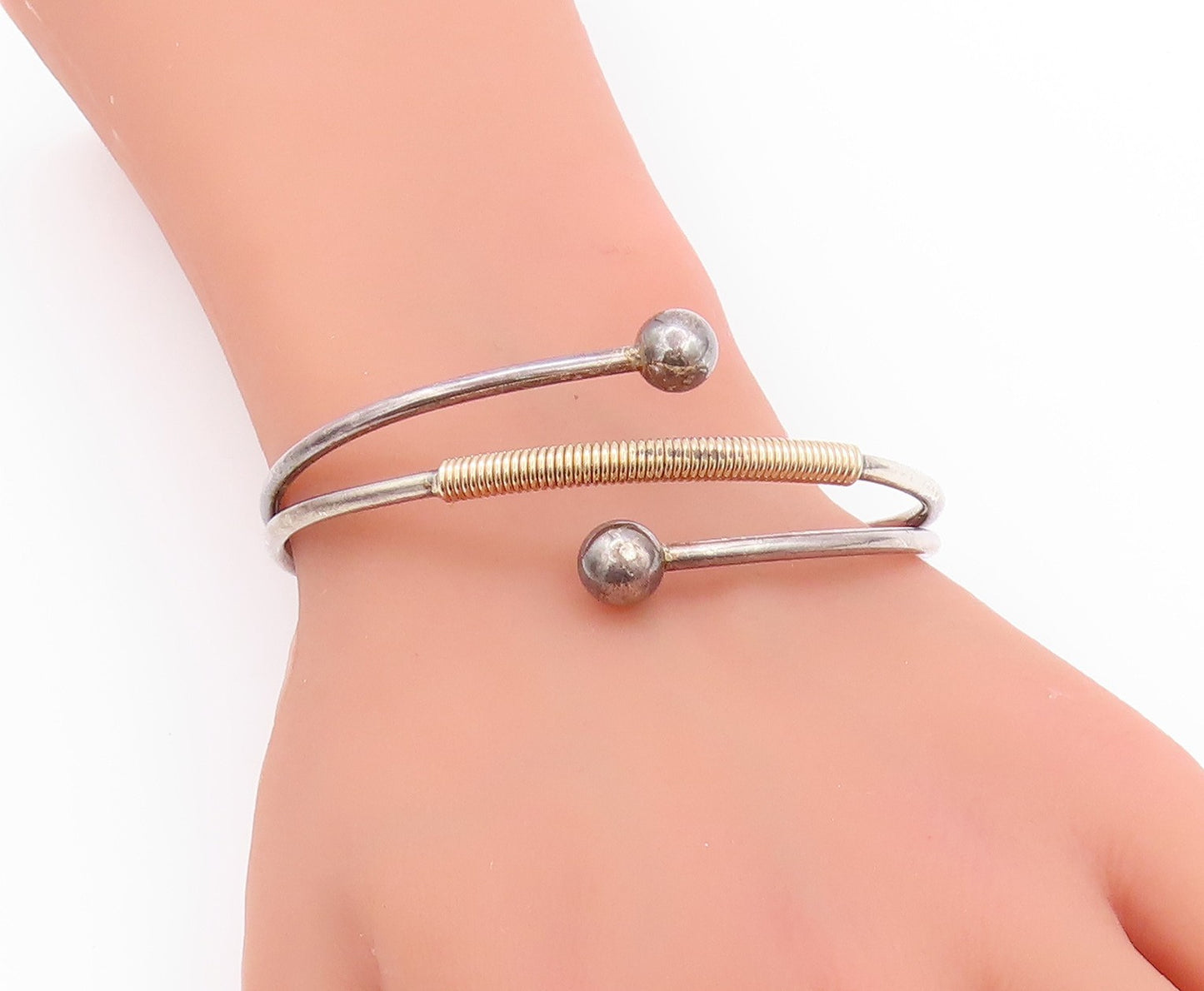 925 Sterling Silver Vintage Bracelet Modernist Gold Coiled Split Beads  BT11212
