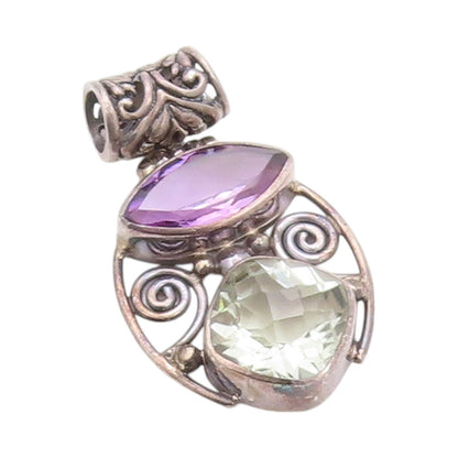 925 Sterling Silver Vintage Pendant Dark Tone Cutout Amethyst & Topaz  PT24003