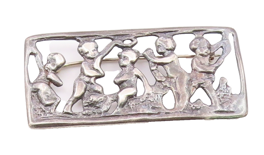925 Sterling Silver  Vintage Oxidized Children Scene Square Brooch Pin  BP4649