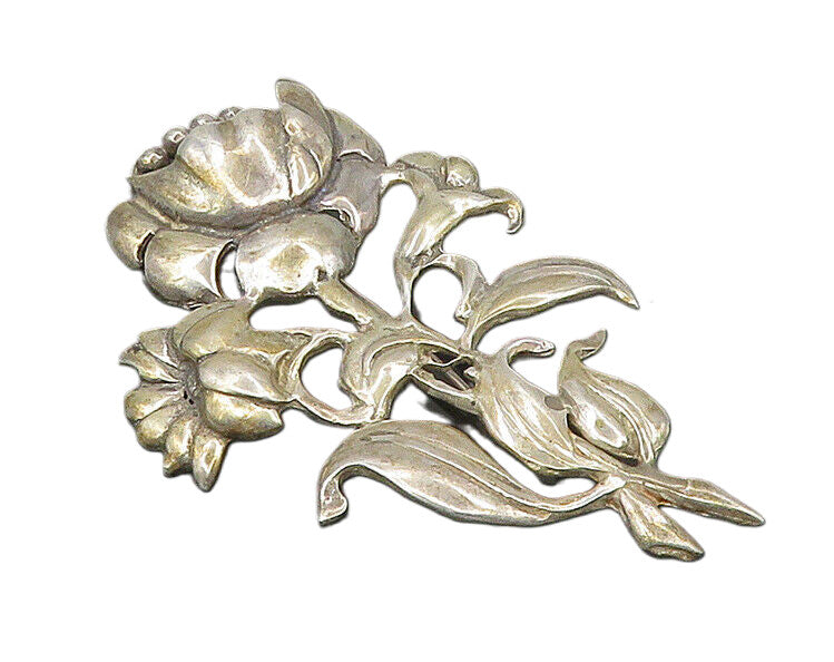925 Sterling Silver  Vintage Antique Shiny Blooming Flowers Brooch Pin  BP7380