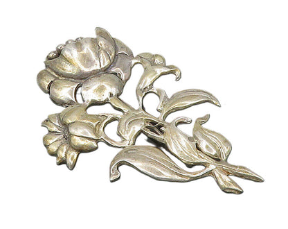 925 Sterling Silver  Vintage Antique Shiny Blooming Flowers Brooch Pin  BP7380