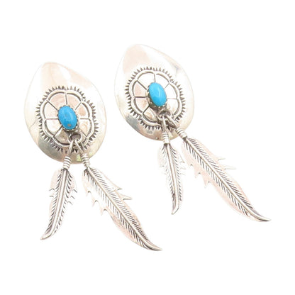 925 Sterling Silver Vintage Earrings NAVAJO Turquoise Feather Dangles  EG13726