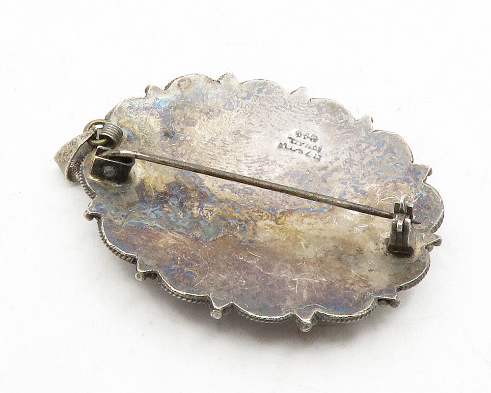 ISRAEL 925 Silver  Vintage Black Onyx Floral Swirl Pattern Brooch Pin  BP4547