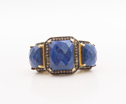 925 Sterling Silver Vintage Ring Gold Plated Diamond & Gemstone  Sz 8  RG29679