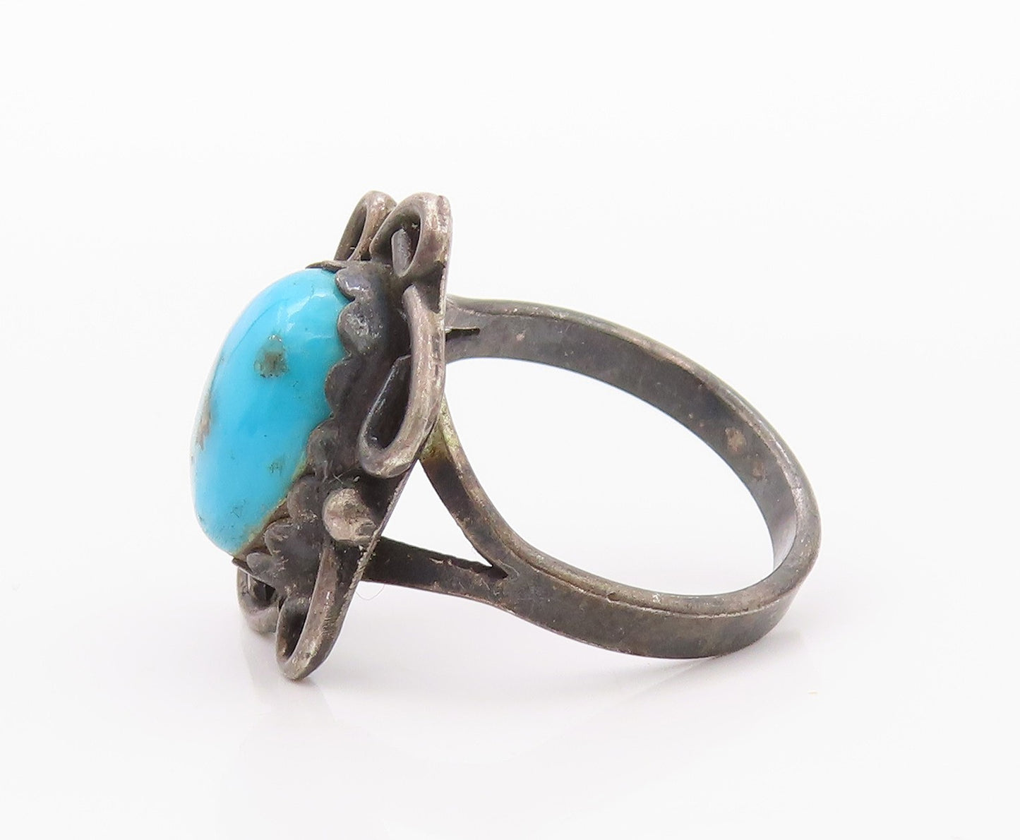 925 Sterling Silver Vintage Ring NAVAJO Oval Turquoise Flower  Sz 6  RG32544