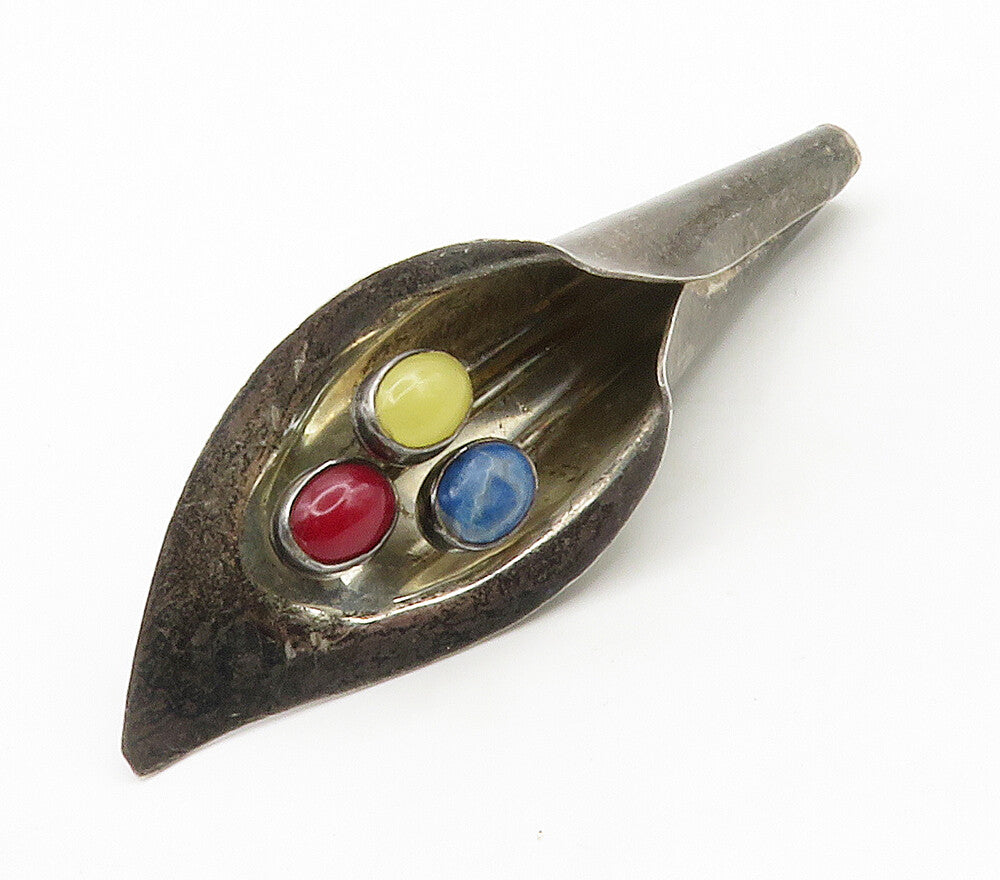 MEXICO 925 Silver Vintage Sodalite & Multi Stone Flower Brooch Pin BP5925