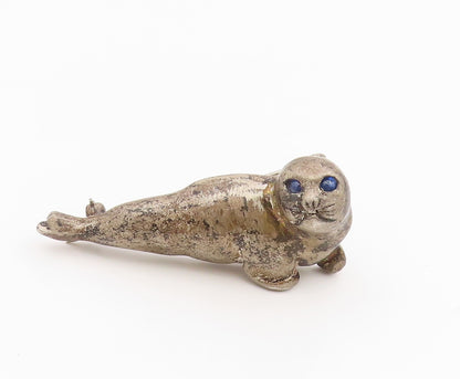 925 Sterling Silver Vintage Brooch Pin Blue Eyed Solid Seal Figurine  BP12196