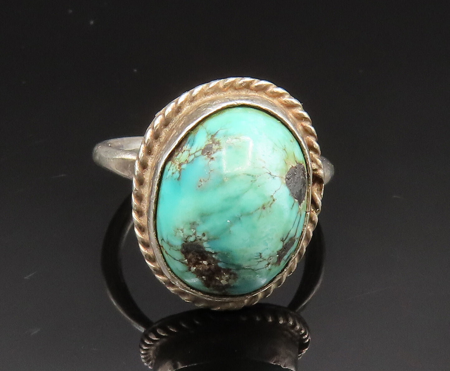 SOUTHWESTERN 925 Silver Vintage Rope Twist Edge Turquoise Ring Sz 3 RG24746