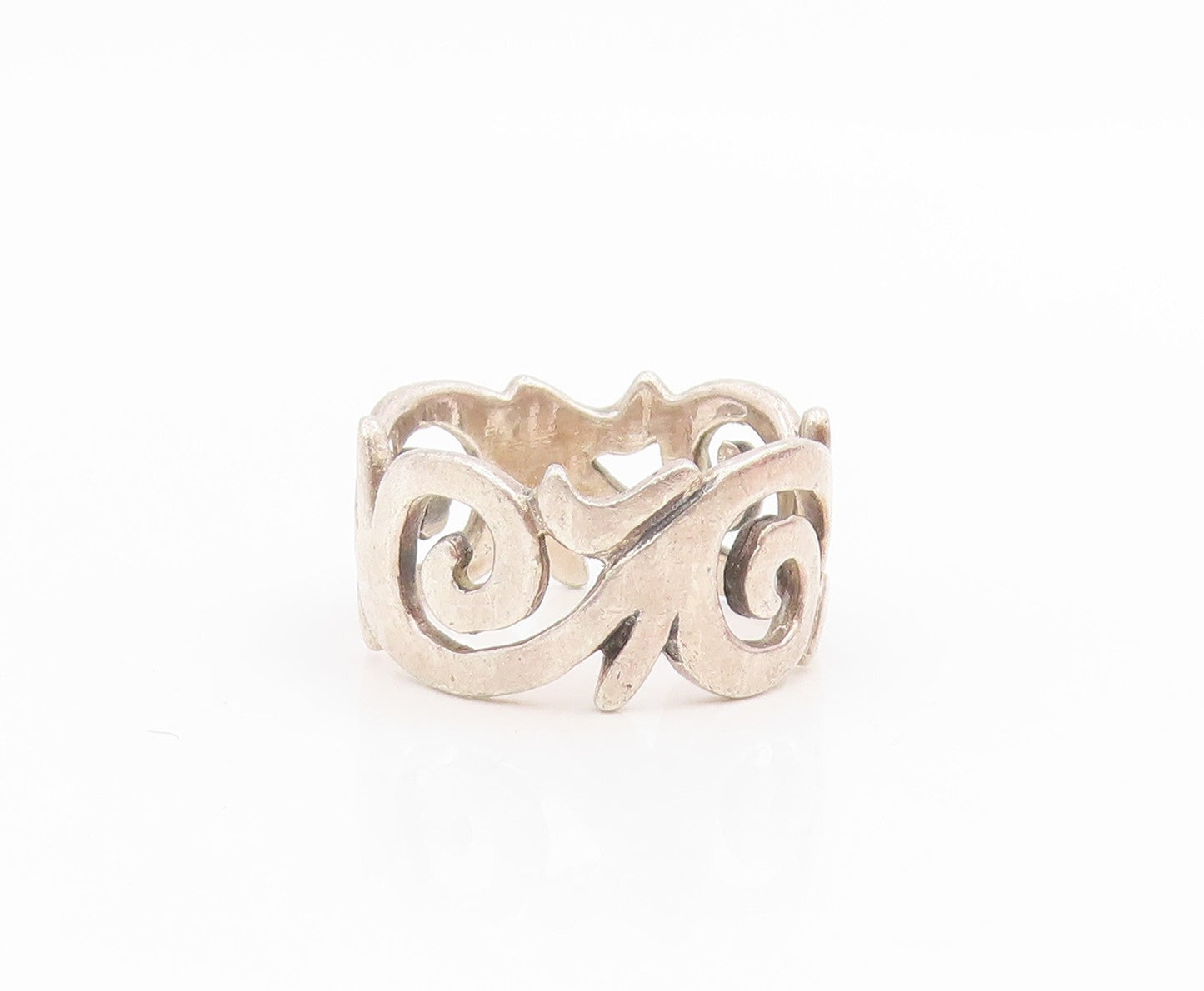 925 Sterling Silver Vintage Ring Openwork Swirly Scroll Wide Band  Sz 5  RG34697
