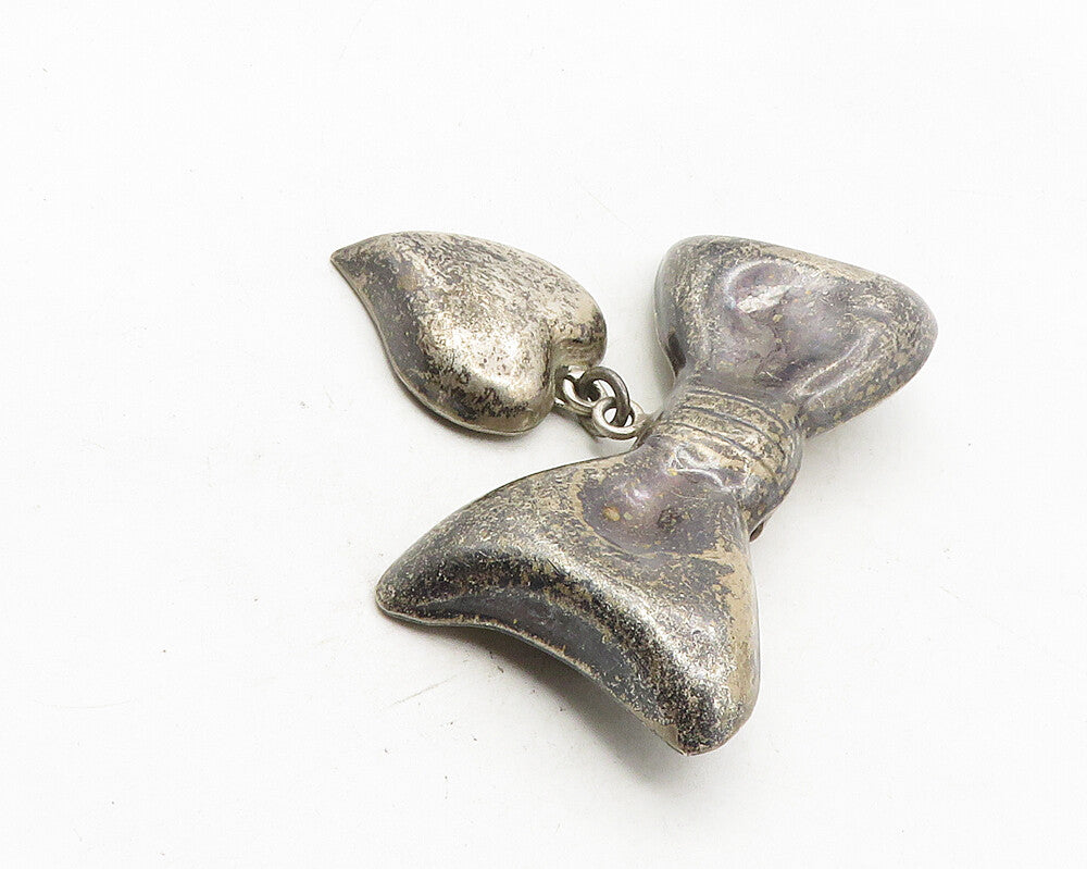 MEXICO 925 Sterling Silver  Vintage Dark Tone Ribbon Heart Brooch Pin  BP3996