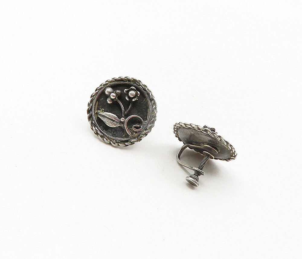 925 Sterling Silver  Vintage Oxidized Flower Twist Non Pierce Earrings  EG4637