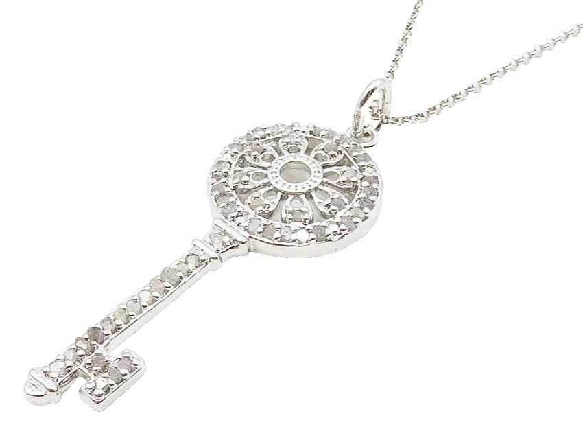 925 Sterling Silver  Genuine Diamonds Floral Key Motif Chain Necklace  NE1892