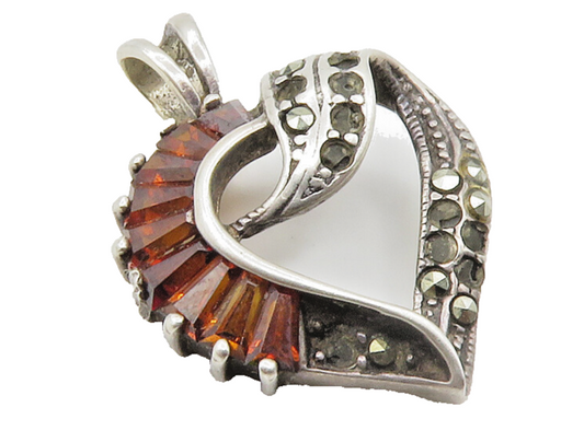 925 Sterling Silver  Vintage Topaz & Marcasite Love Heart Pendant  PT11500