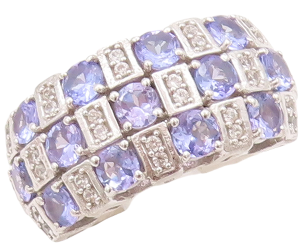 925 Sterling Silver Vintage Ring Box Design Tanzanite & Sapphire Sz 7.5  RG29481