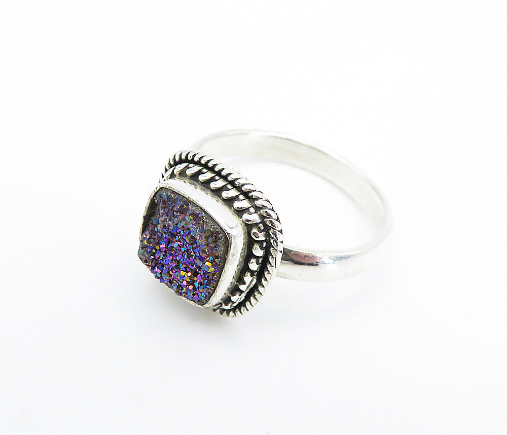 925 Sterling Silver  Druzy Twist Border Shiny Cocktail Ring Sz 8  RG7892