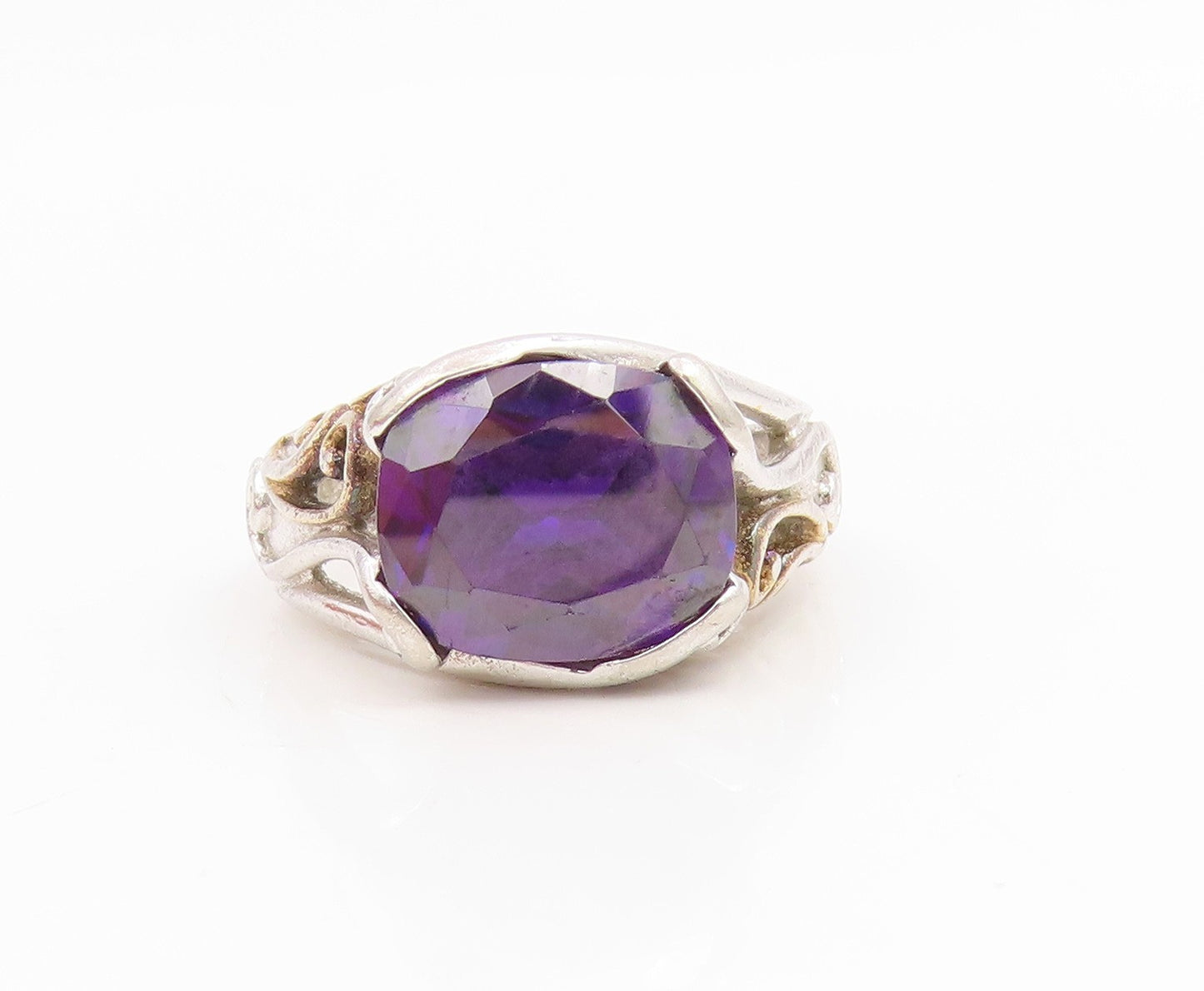 925 Sterling Silver Vintage Ring Faceted Amethyst Openwork Band  Sz 8  RG34884