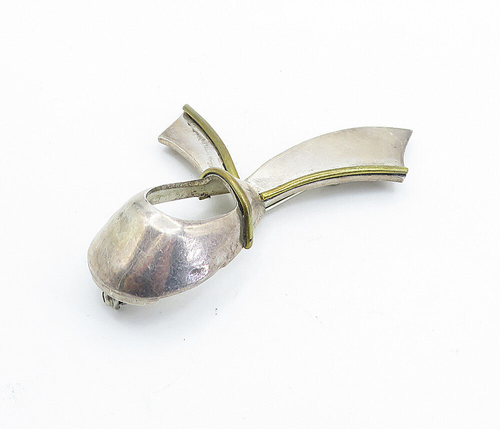 MEXICO 925 Sterling Silver  Vintage Two Tone Ribbon Design Brooch Pin  BP2743