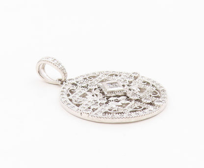 925 Sterling Silver  Vintage Cubic Zirconia Floral Vine Round Pendant  PT14435