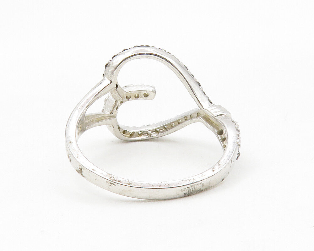 925 Sterling Silver  Hematite & Cubic Zirconia Heart Band Ring Sz 9  RG13990