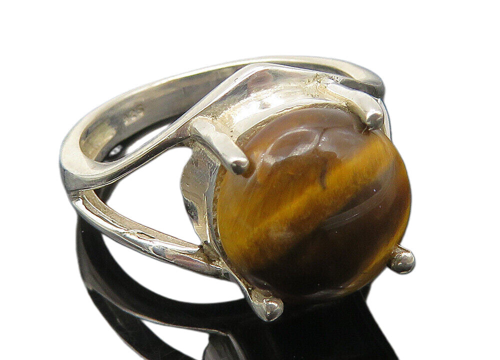 925 Sterling Silver  Cabochon Cut Tiger's Eye Shiny Band Ring Sz 6  RG11590