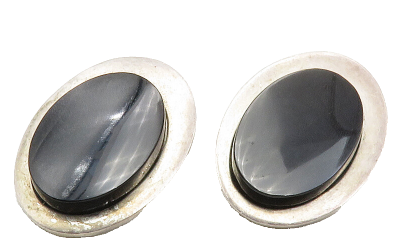 MEXICO 925 Sterling Silver  Vintage Black Onyx Oval Non Pierce Earrings EG6466