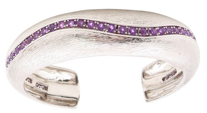 925 Sterling Silver Vintage Bracelet Modernist Amethyst Chain Inlay Cuff BT11351
