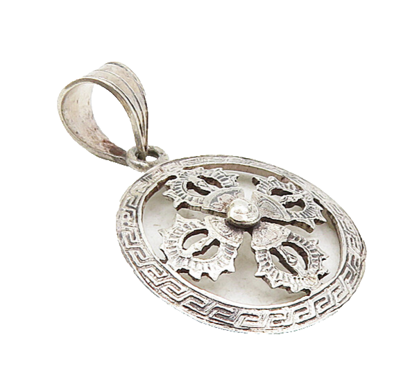925 Sterling Silver  Vintage Petite Greek Key Floral Leaf Drop Pendant  PT6796