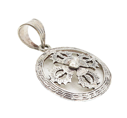 925 Sterling Silver  Vintage Petite Greek Key Floral Leaf Drop Pendant  PT6796