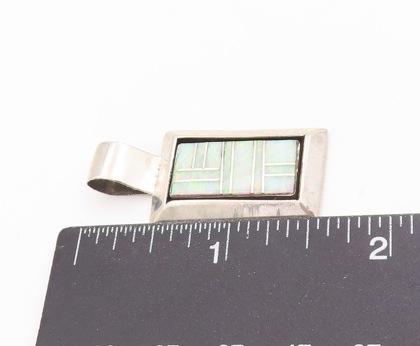 925 Sterling Silver Vintage Pendant NAVAJO Fire Opal Geometric Inlay  PT25357
