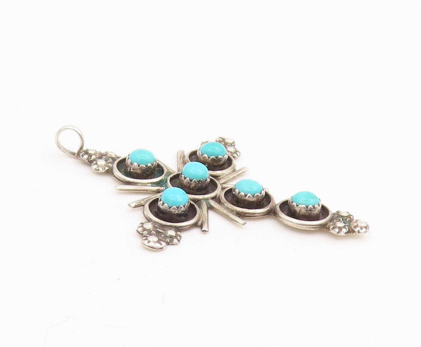 925 Sterling Silver Vintage Pendant NAVAJO ZUNI Round Turquoise Cross  PT25670