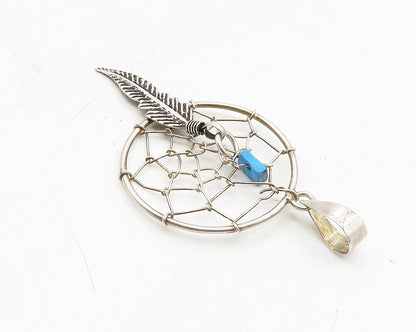 925 Sterling Silver  Vintage Petite Turquoise Dream Catcher Pendant  PT7431