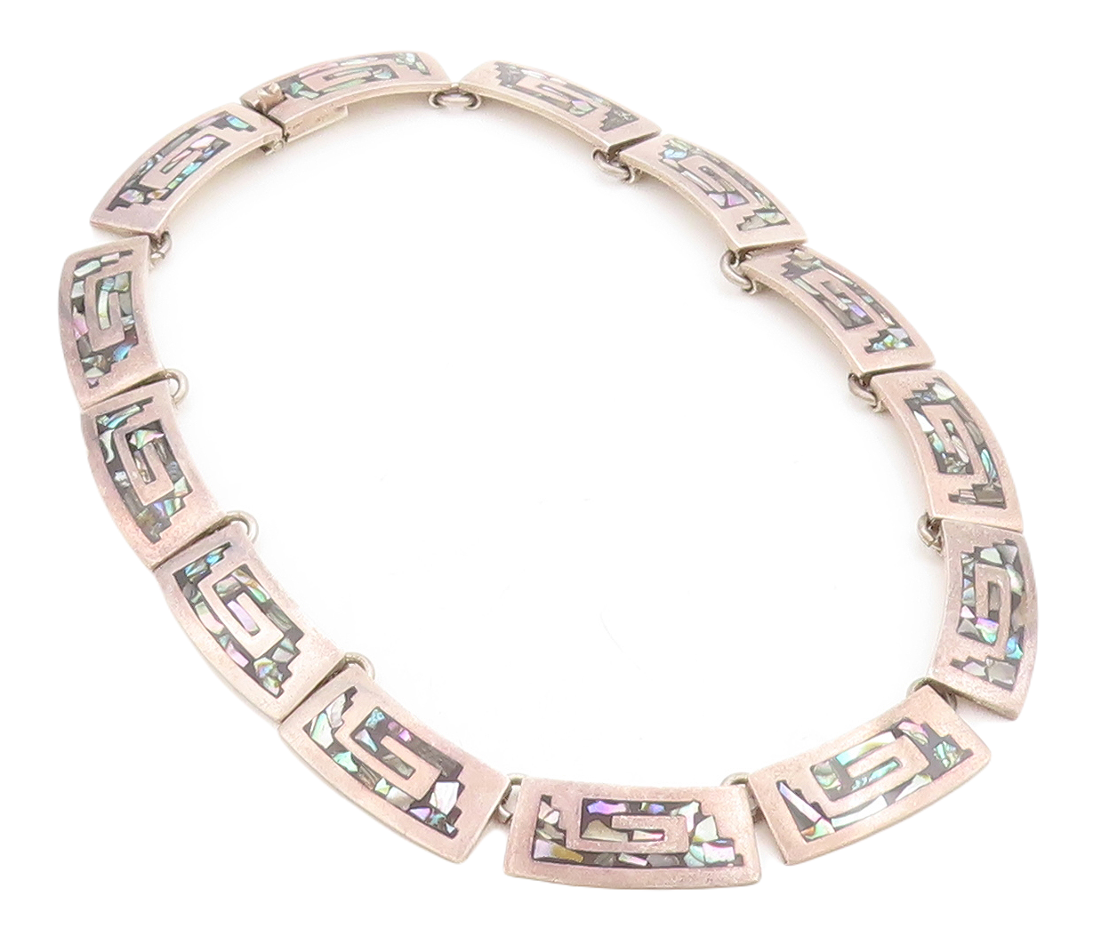 MEXICO 925 Sterling Silver  Vintage Abalone Greek Key Chain Necklace  NE1969