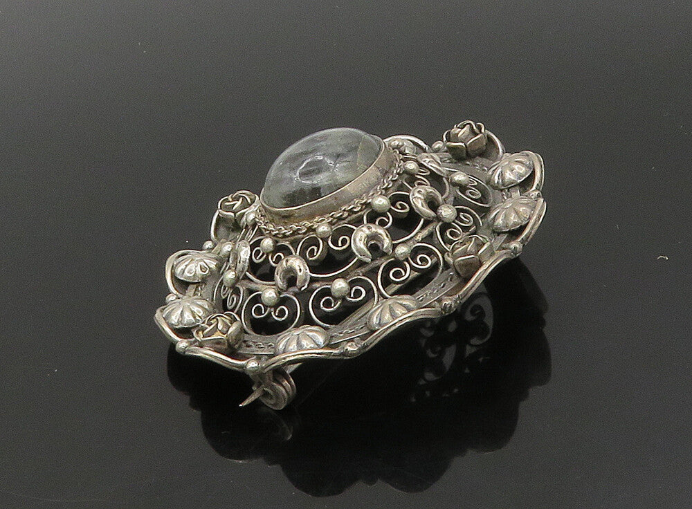 925 Silver   Vintage Cabochon Cut Labradorite Floral Dome Brooch Pin  BP9172