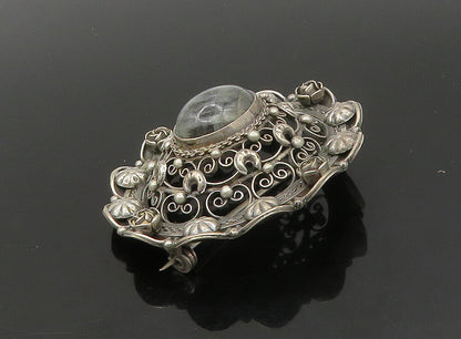 925 Silver   Vintage Cabochon Cut Labradorite Floral Dome Brooch Pin  BP9172
