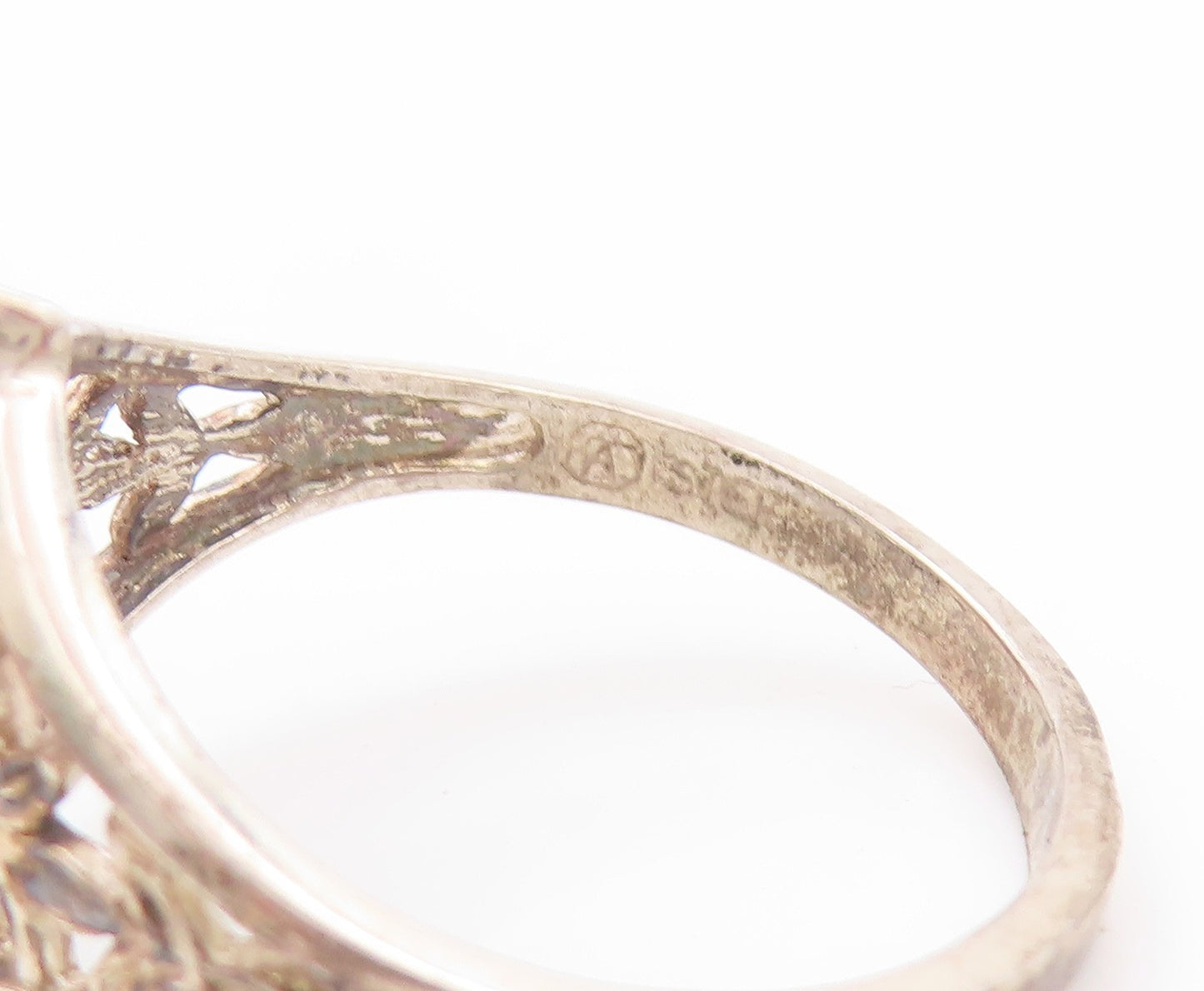 925 Sterling Silver Vintage Ring Marquise Topaz Flowers Cutout  Sz 10  RG32754