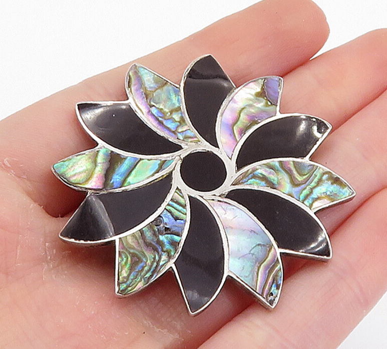 TAXCO 925 Sterling Silver  Vintage Abalone & Black Onyx Brooch Pin  BP2805