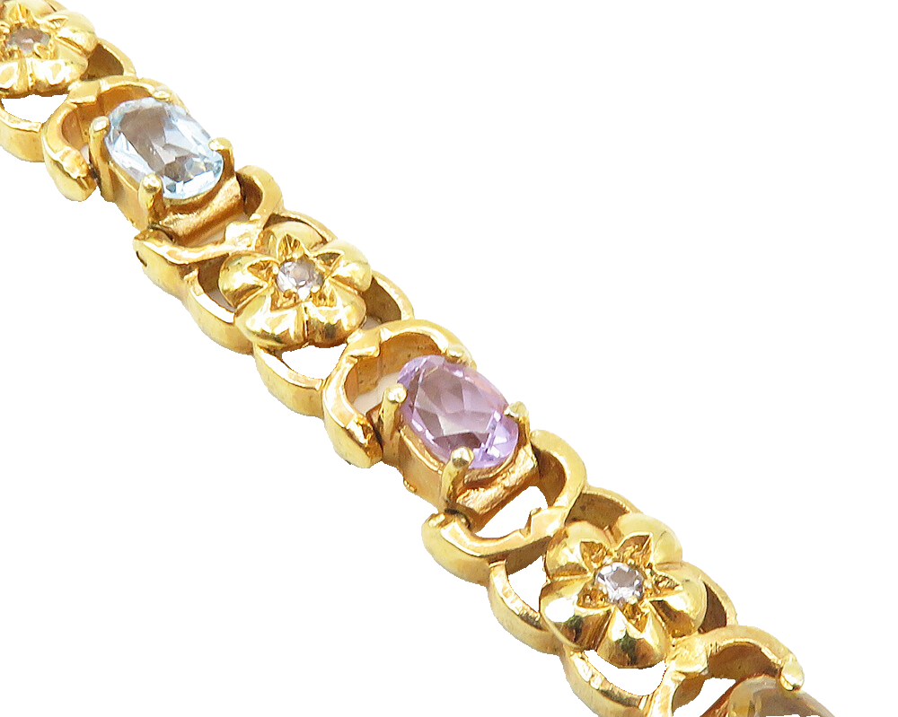 925 Sterling Silver  Tanzanite Topaz & Amethyst Floral Chain Bracelet  BT4350