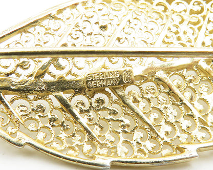 GERMANY 925 Sterling Silver Vintage Gold Plated Floral Leaf Brooch Pin  BP7348