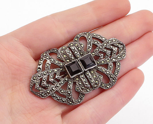 925 Sterling Silver  Vintage Victorian Hematite & Marcasite Brooch Pin  BP1929