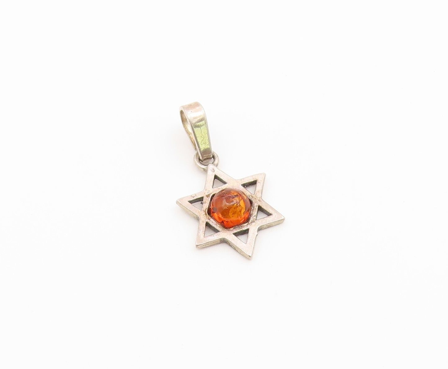 925 Sterling Silver Vintage Pendant Cabochon Amber Star of David Charm  PT26652