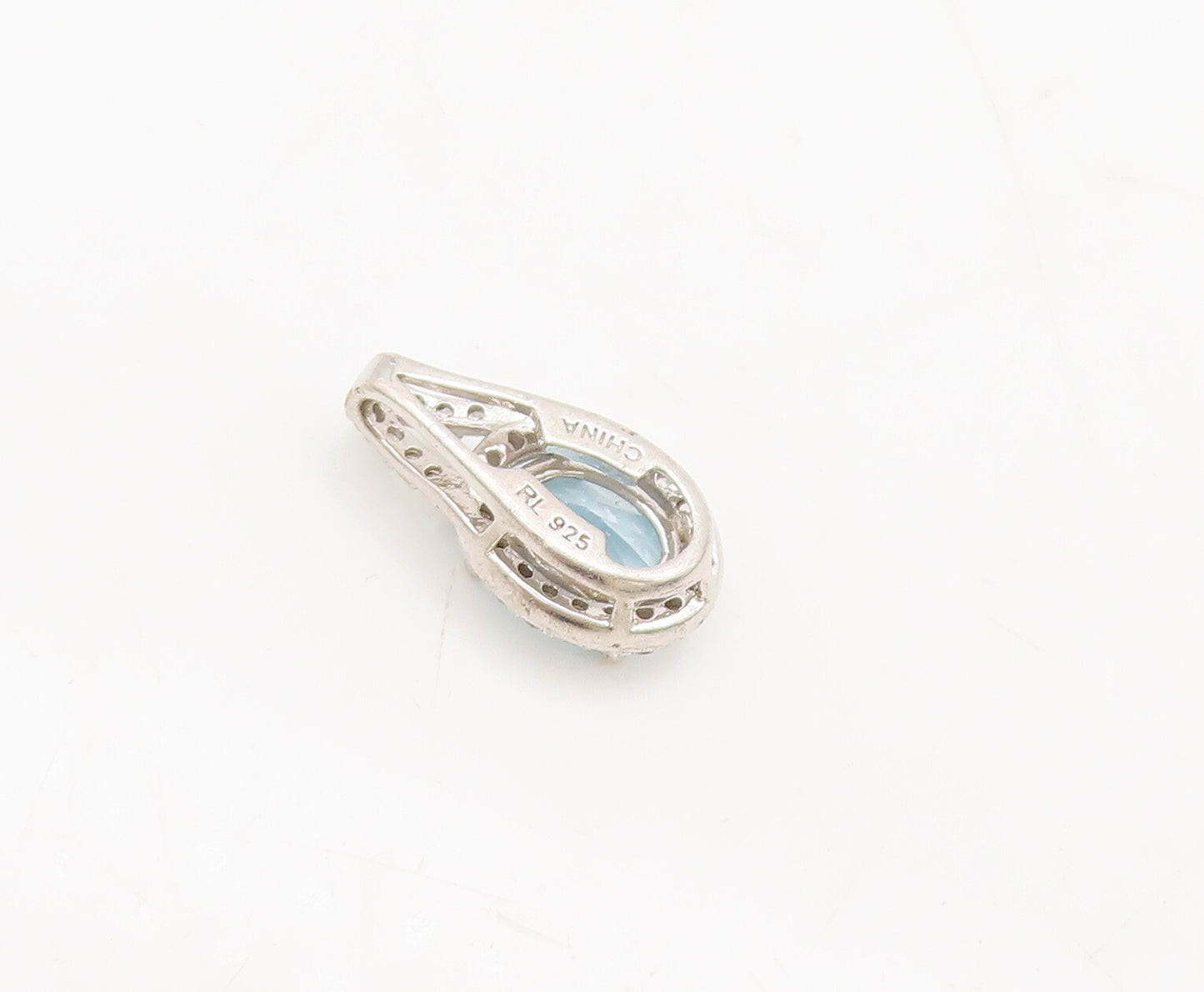 925 Sterling Silver Vintage Pendant Blue Topaz Halo White Topaz Band  PT22508