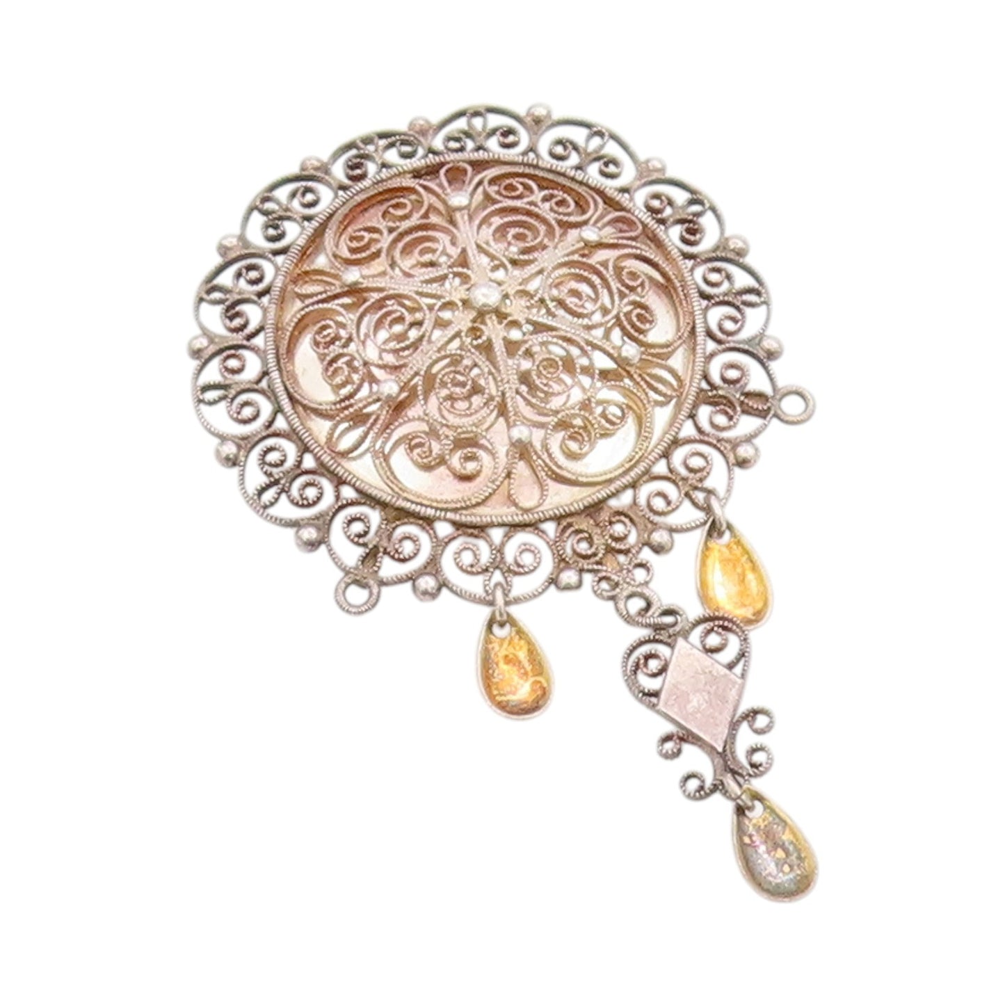 925 Sterling Silver Vintage Brooch EUROPE Floral Filigree With Dangles  BP11822