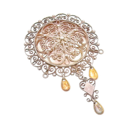 925 Sterling Silver Vintage Brooch EUROPE Floral Filigree With Dangles  BP11822