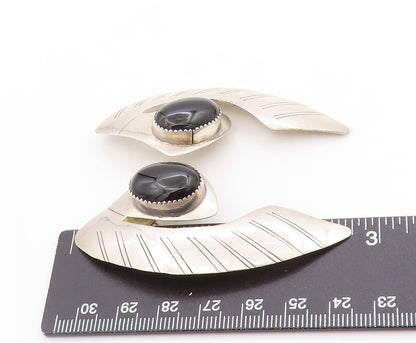 925 Sterling Silver Vintage Earrings NAVAJO Oval Cabochon Onyx Feathered EG13679