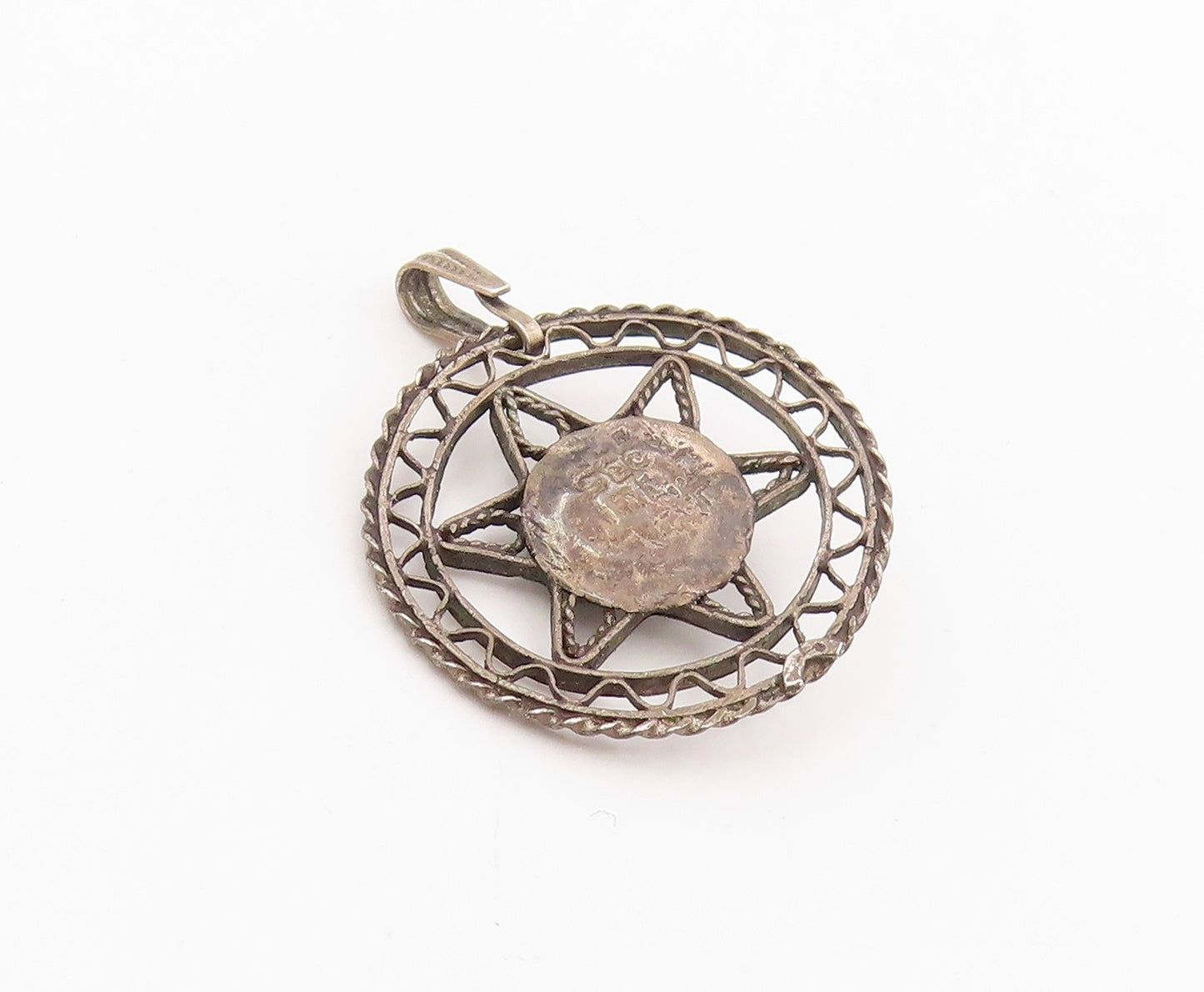 925 Sterling Silver Vintage Pendant Turquoise Openwork Pentagram Charm  PT26078