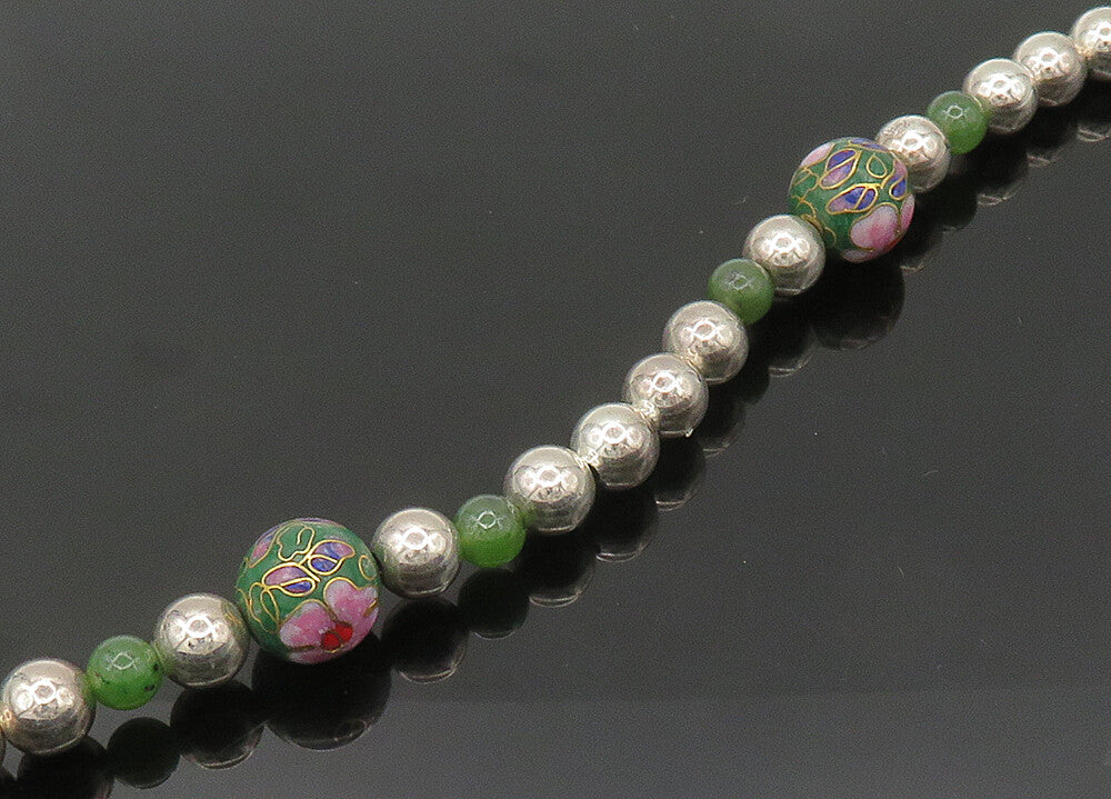 925 Sterling Silver  Vintage Jade & Enamel Floral Beaded Chain Necklace NE3489