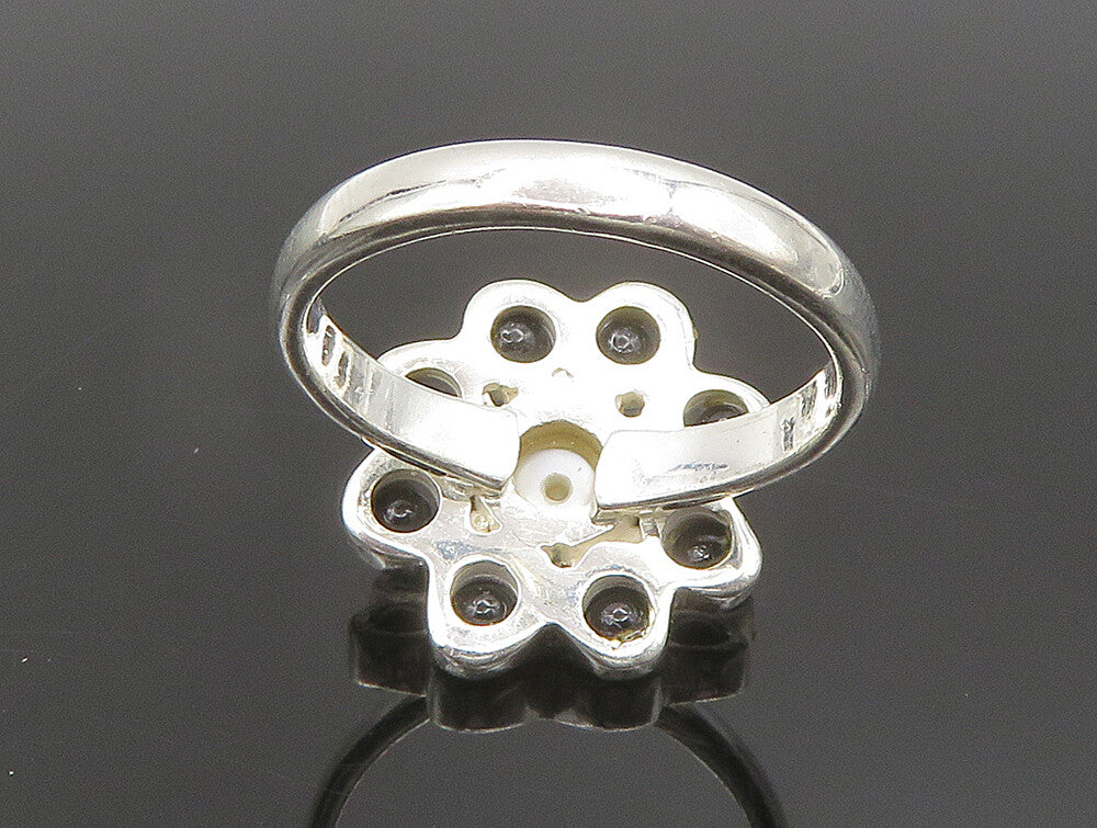 925 Sterling Silver  Vintage Cultured Pearl & Onyx Flower Ring Sz 7  RG24448