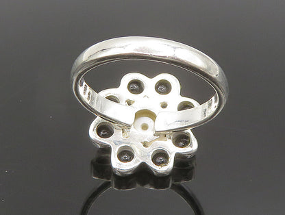 925 Sterling Silver  Vintage Cultured Pearl & Onyx Flower Ring Sz 7  RG24448